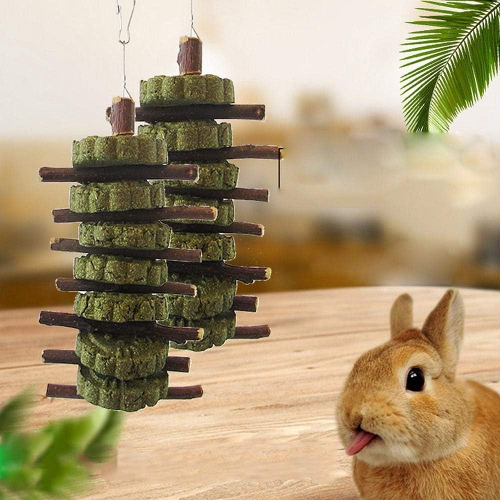 Bunny Chew Toys for Teeth, Organic Apple Wood Sticks Rabbits Improves Dental Health, Pet Snacks Toys with Grass Cake for Rabbits, Cats, Hamsters, Gerbils Birds