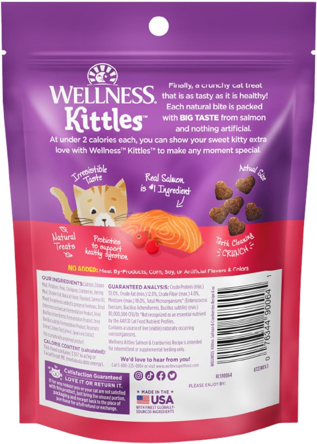 Wellness Kittles Crunchy Cat Treats, All Lifestages, Kitten to Senior, Natural, Grain Free, Salmon and Cranberry Flavor, 6 Oz Bag