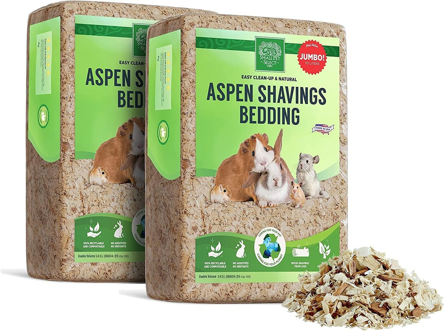 Premium Natural Aspen Bedding, Animal Bedding for Small Indoor and Outdoor Pets, Made in the USA, Jumbo Size 282 L (2 Pack, 141 L Each)