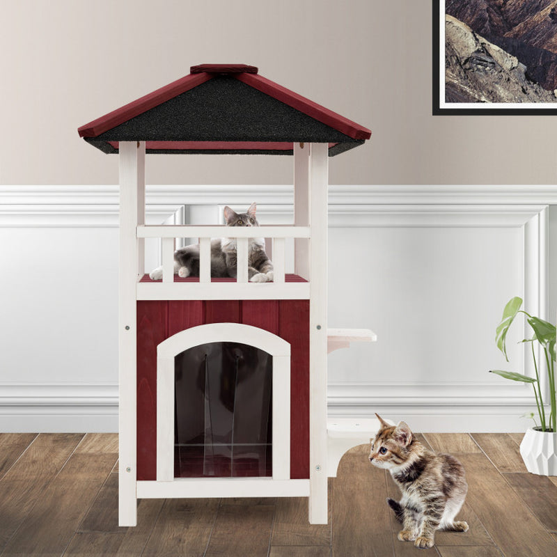 2-Story Wooden Cat House with Asphalt Roof Balcony and Rain Curtain