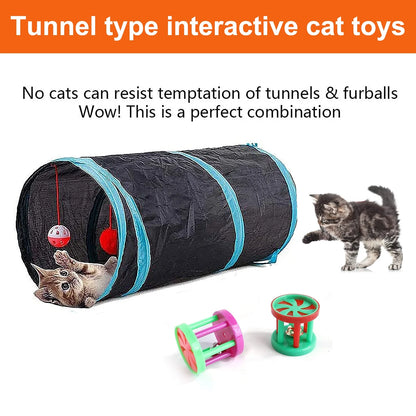 Portable 22-Piece Cat Tunnel & Toy Set with Tunnel & Bell Balls, Blue Leopard