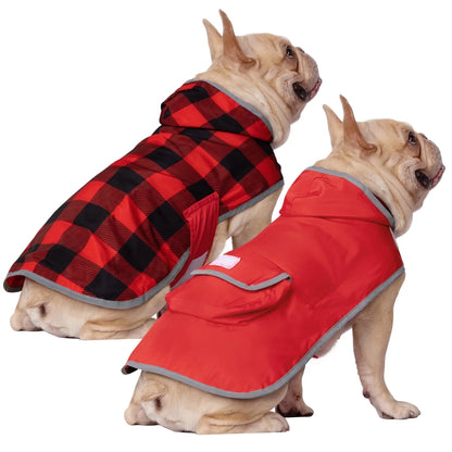 Reversible Dog Raincoat Hooded Slicker Poncho Rain Coat Jacket for Small Medium Large Dogs Buffalo Plaid / Red M