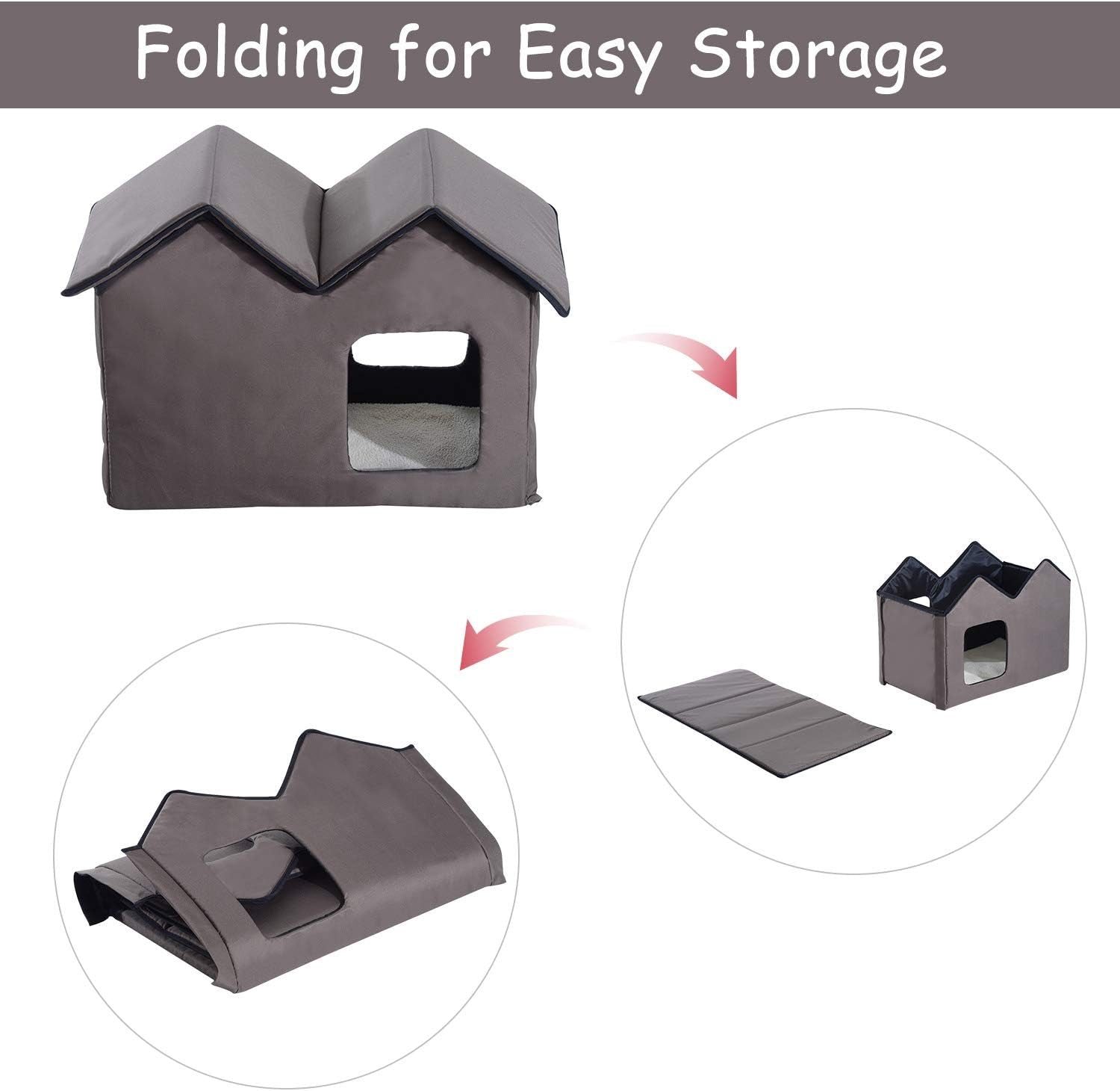 Double Heated Cat House Portable Indoor/Outdoor Kitty Shelter for Ferral Cat in Winter, Brown