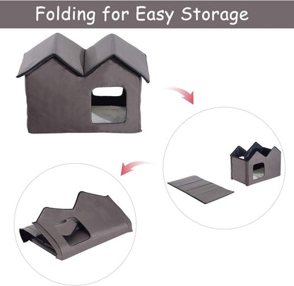 Double Heated Cat House Portable Indoor/Outdoor Kitty Shelter for Ferral Cat in Winter, Brown