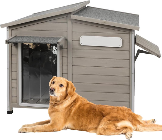 40"L Outdoor Dog House with Asphalt Roof, Window, Raised Feet and PVC Curtain for Medium Dogs, Gray