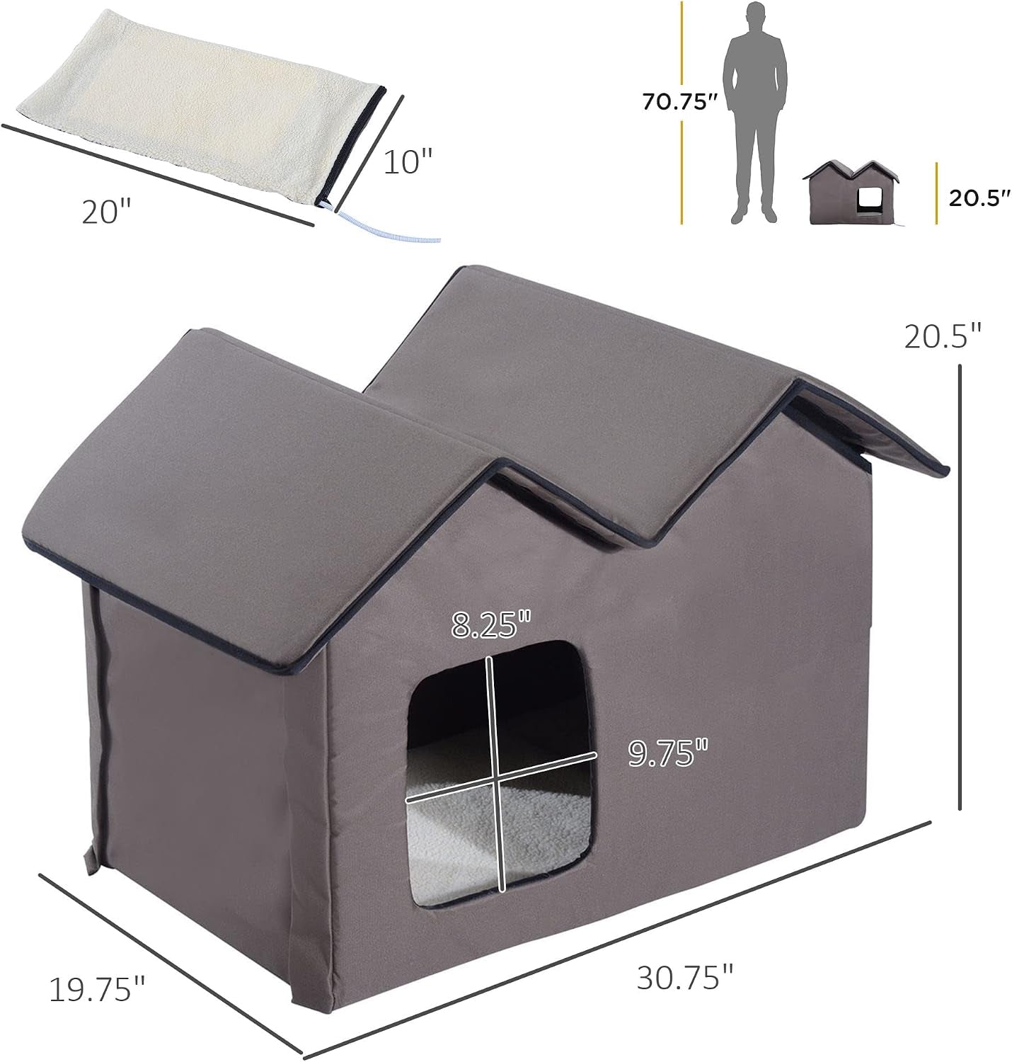 Double Heated Cat House Portable Indoor/Outdoor Kitty Shelter for Ferral Cat in Winter, Brown