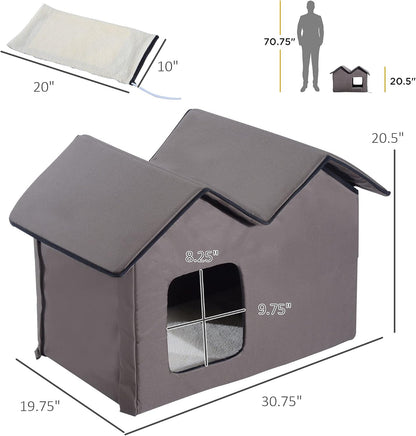 Double Heated Cat House Portable Indoor/Outdoor Kitty Shelter for Ferral Cat in Winter, Brown