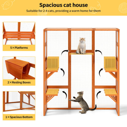 Large Catio Wooden Cat Enclosure Catio Cat Cage Outdoor Pet House Small Animal Hutch, Orange