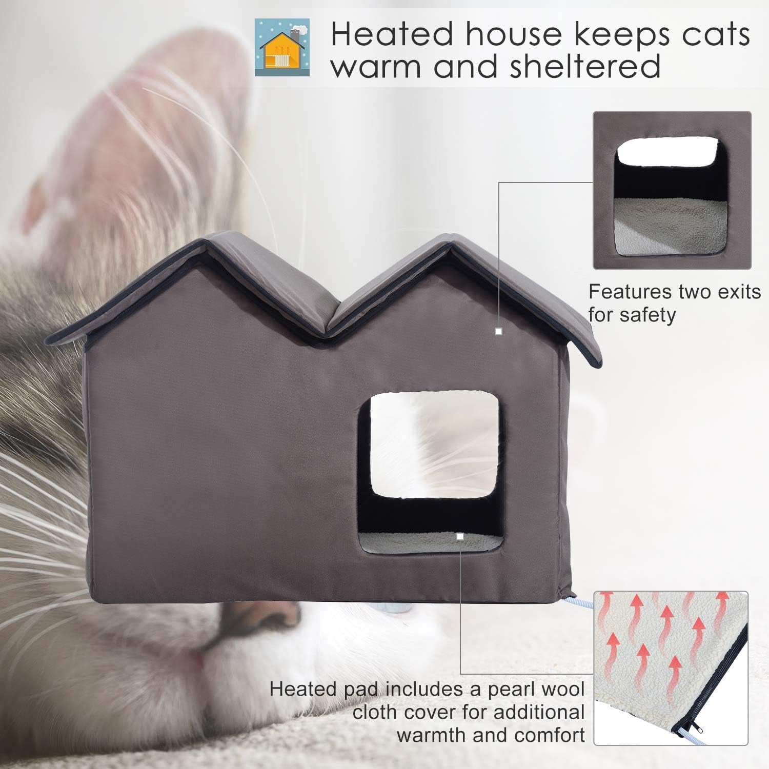 Double Heated Cat House Portable Indoor/Outdoor Kitty Shelter for Ferral Cat in Winter, Brown