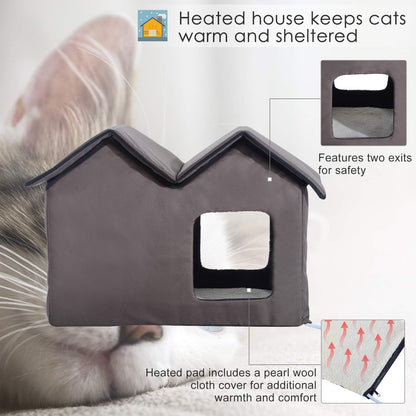 Double Heated Cat House Portable Indoor/Outdoor Kitty Shelter for Ferral Cat in Winter, Brown