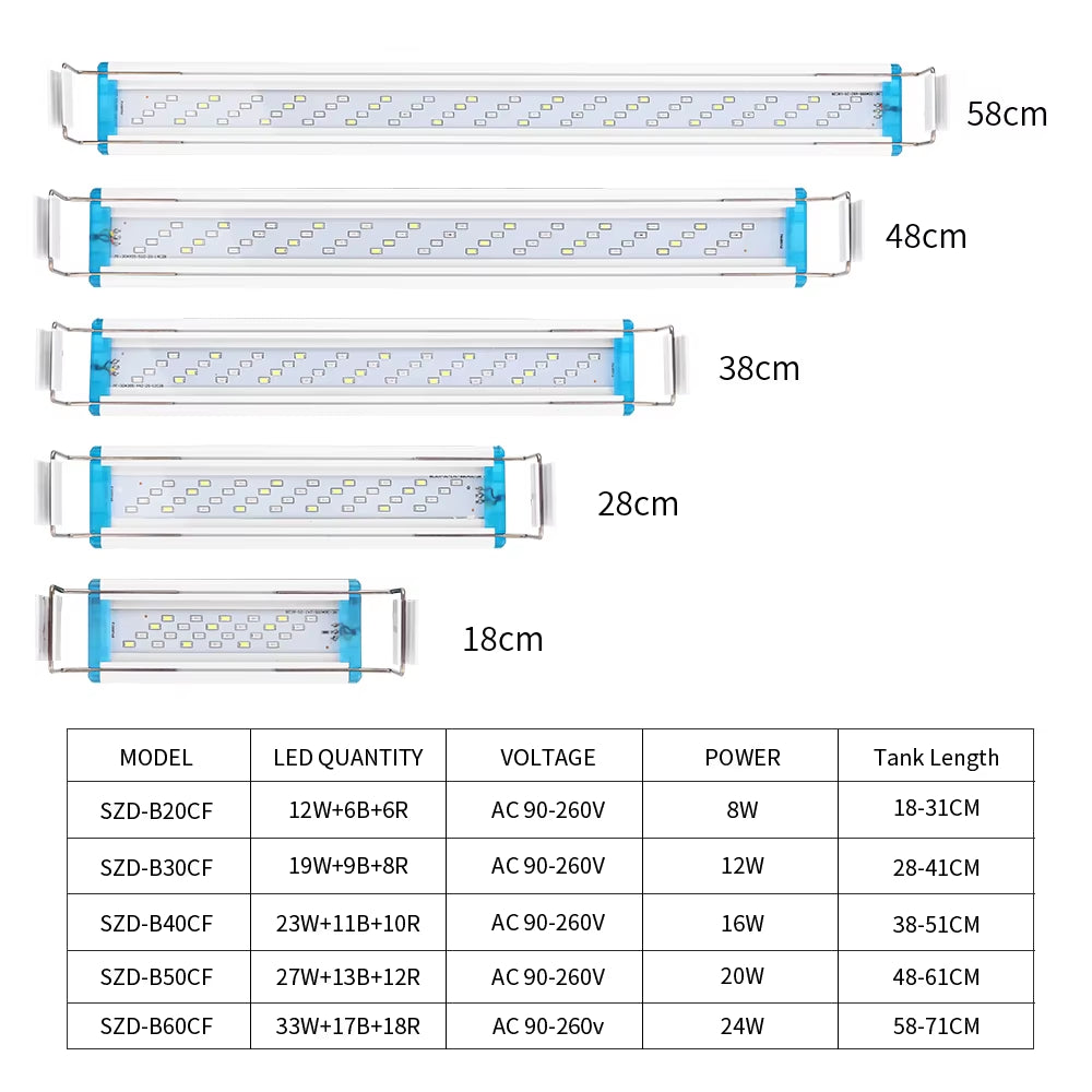 18~70CM Super Bright Lamp LED Aquarium Light for Aquatic Plant Fish Tank Extensible Clip Lamp 90~260V