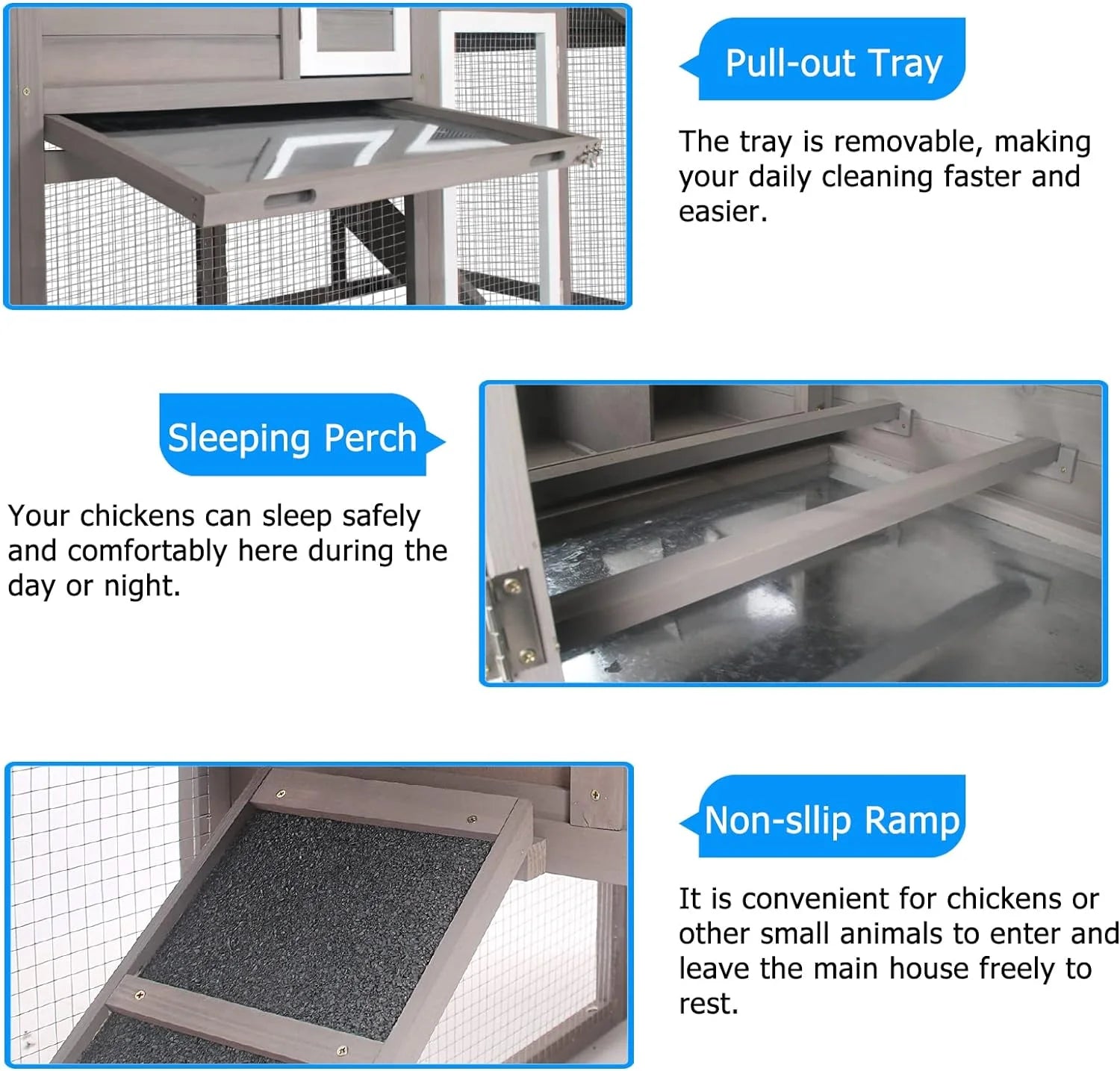 71" L Wooden Chicken Coop for 2-3 Chickens, Chicken Tractor with Nesting Box, Pull-Out Tray, Asphalt Roof, Gray