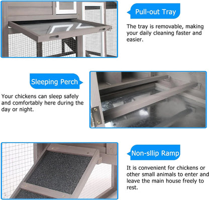 71" L Wooden Chicken Coop for 2-3 Chickens, Chicken Tractor with Nesting Box, Pull-Out Tray, Asphalt Roof, Gray