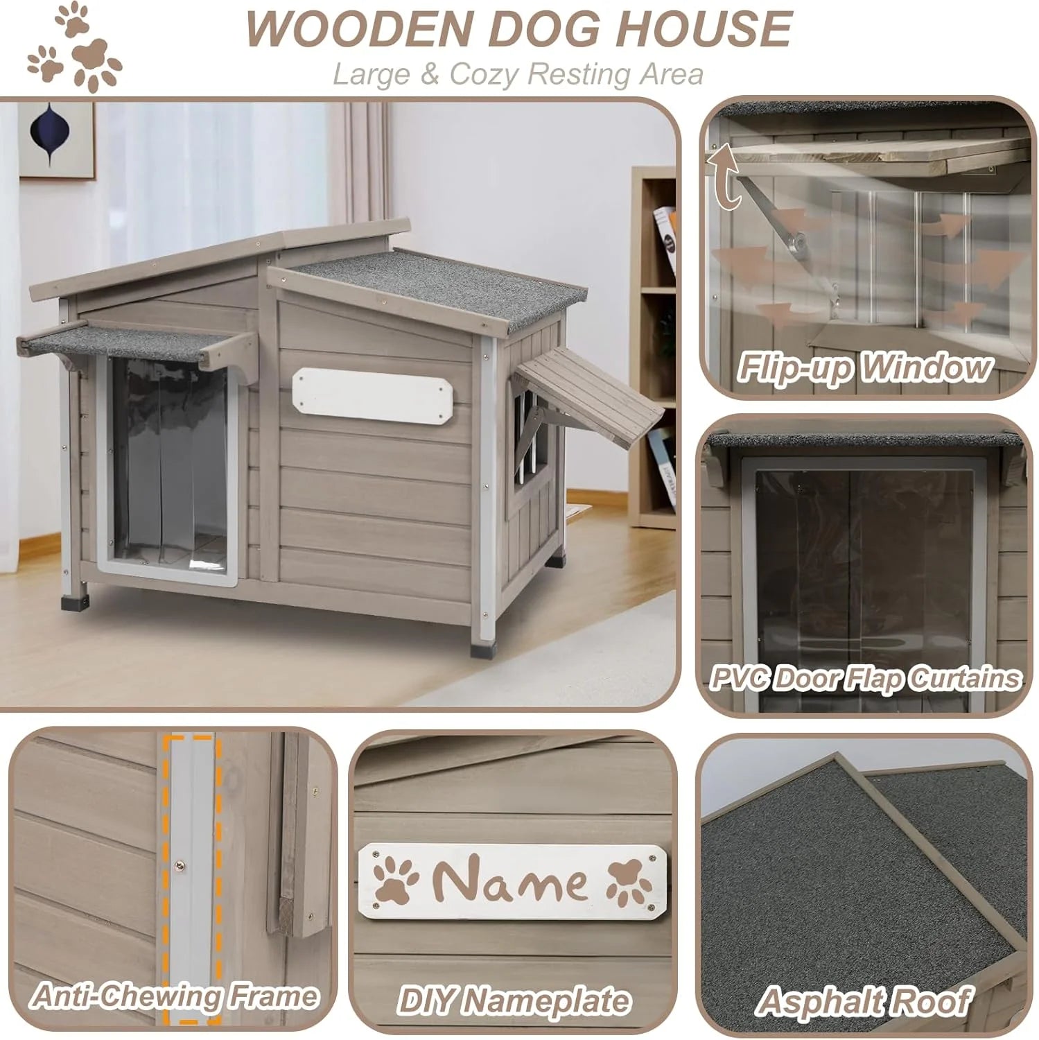 40"L Outdoor Dog House with Asphalt Roof, Window, Raised Feet and PVC Curtain for Medium Dogs, Gray