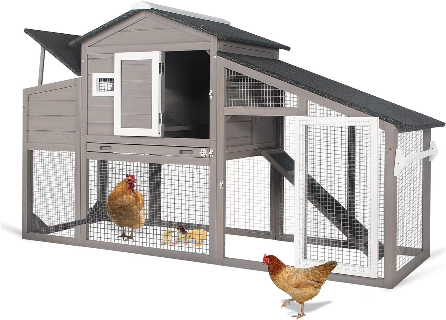 71" L Wooden Chicken Coop for 2-3 Chickens, Chicken Tractor with Nesting Box, Pull-Out Tray, Asphalt Roof, Gray