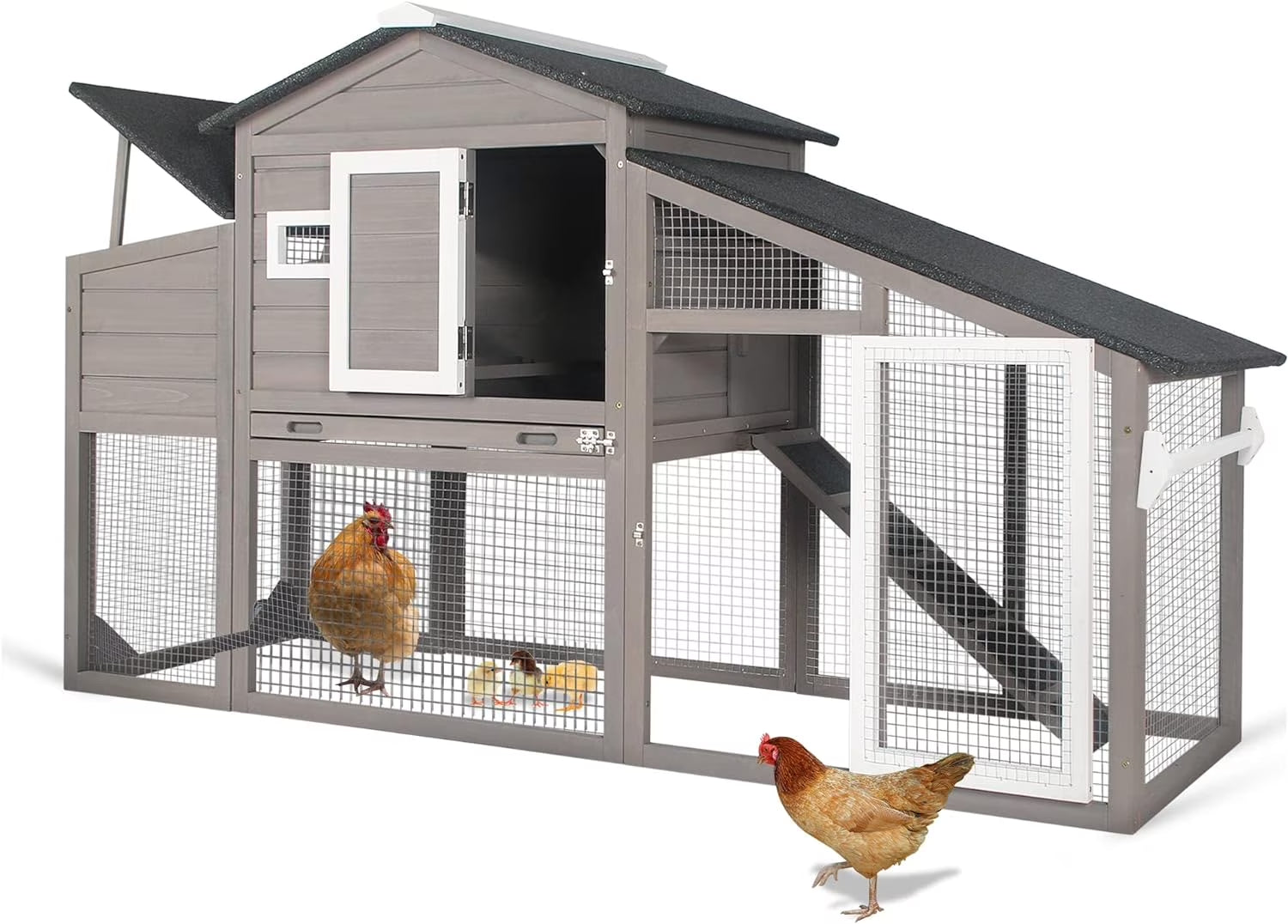 71" L Wooden Chicken Coop for 2-3 Chickens, Chicken Tractor with Nesting Box, Pull-Out Tray, Asphalt Roof, Gray