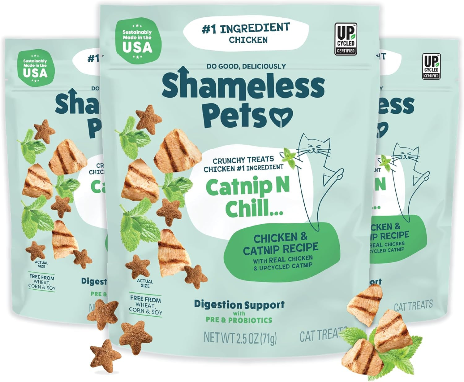 Crunchy Cat Treats - Catnip Treats for Cats with Digestive Support, Natural Ingredients Kitten Treats with Real Chicken, Healthy Flavored Feline Snacks - Catnip N Chill, 3-Pk