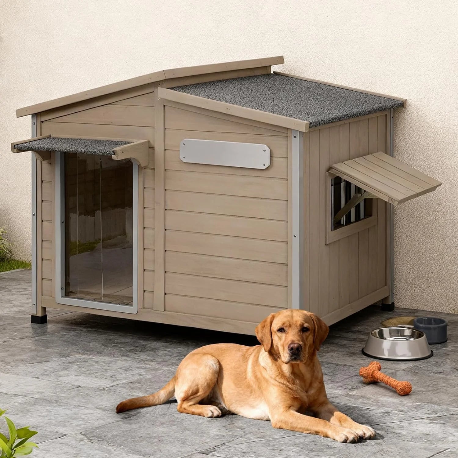 40"L Outdoor Dog House with Asphalt Roof, Window, Raised Feet and PVC Curtain for Medium Dogs, Gray