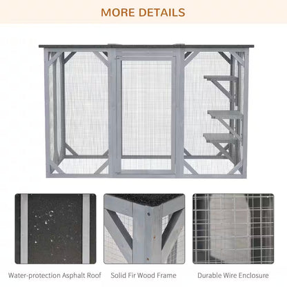 71 In. L Grey Wooden Outdoor Cat House with Asphalt Roof, Multi-Level Platforms, and Large Enter Door