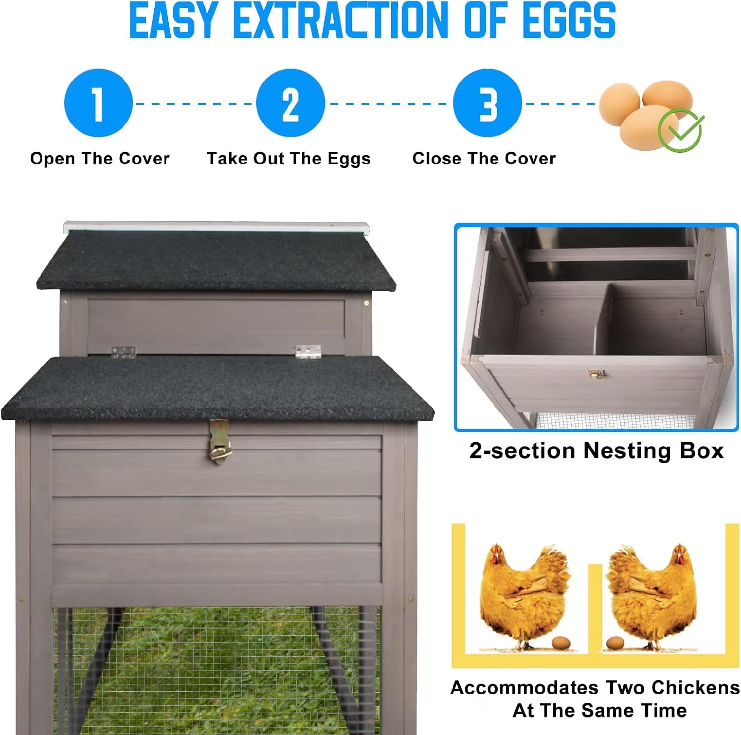 71" L Wooden Chicken Coop for 2-3 Chickens, Chicken Tractor with Nesting Box, Pull-Out Tray, Asphalt Roof, Gray