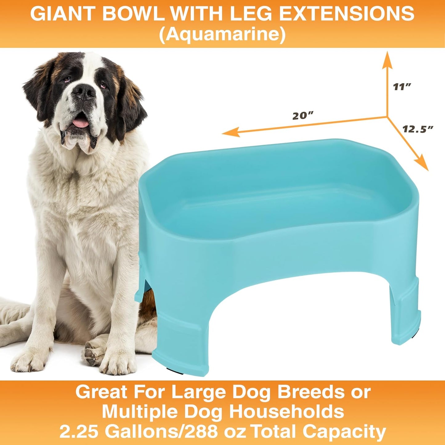 Extra Large Water Bowl for Dogs, Elevated Outdoor Dog Water Bowl (2.25 Gallon XL Capacity), Big Trough Style Food Dish for Indoors or Outside, No Spill Large Dog Bowls, Aquamarine
