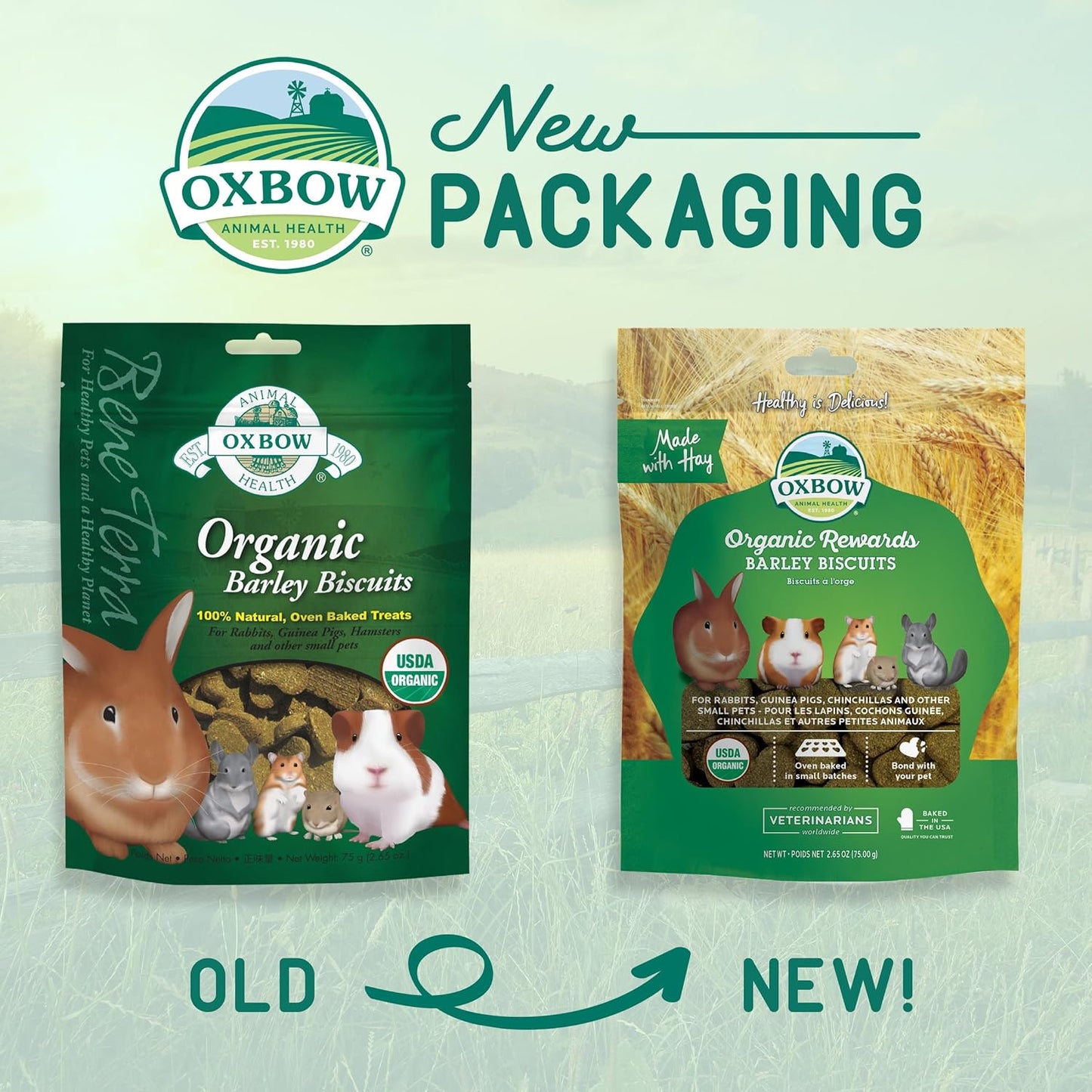 Organic Barley Biscuits, Rabbit & Guinea Pig Treats, Organic Hamster & Bunny Treats with Barley, Apple & Carrot, Made in USA, Small Pet Supplies, 2.65 Oz Bag