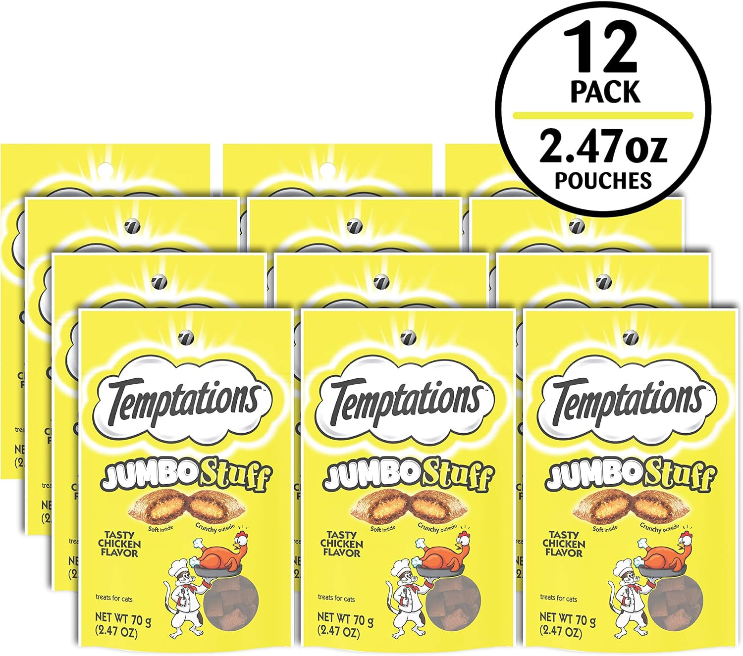 Jumbo Stuffed Cat Treats, Crunchy and Soft Cat Treats, Tasty Chicken Flavor, 2.5 Oz. Pouch (Pack of 12)