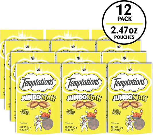 Jumbo Stuffed Cat Treats, Crunchy and Soft Cat Treats, Tasty Chicken Flavor, 2.5 Oz. Pouch (Pack of 12)