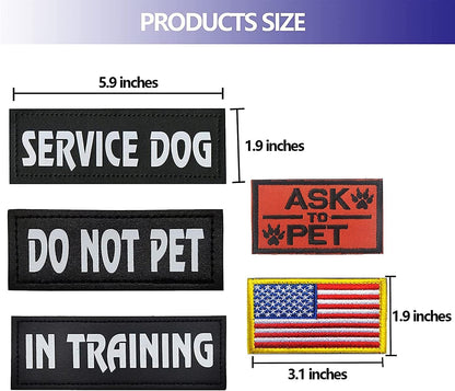 8PCS Service Dog Vest Patch, Reflective Tactical Dog Harness Vest Patches Service Dog in Training Vest Patches Do Not Pet Ask to Pet and American Flag Patches for Dog Vest Harness Collar Leash