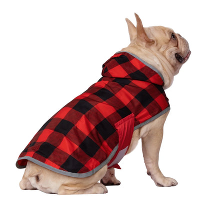 Reversible Dog Raincoat Hooded Slicker Poncho Rain Coat Jacket for Small Medium Large Dogs Buffalo Plaid / Red M