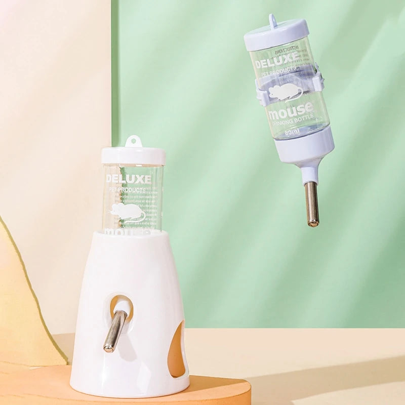 Small Animal Plastic Water Bottle with Stand Holder 2.7 Oz No Drip Waterer for Hamster Guinea Pig Rabbit for Glass Tank