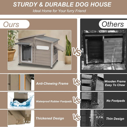 40"L Outdoor Dog House with Asphalt Roof, Window, Raised Feet and PVC Curtain for Medium Dogs, Gray