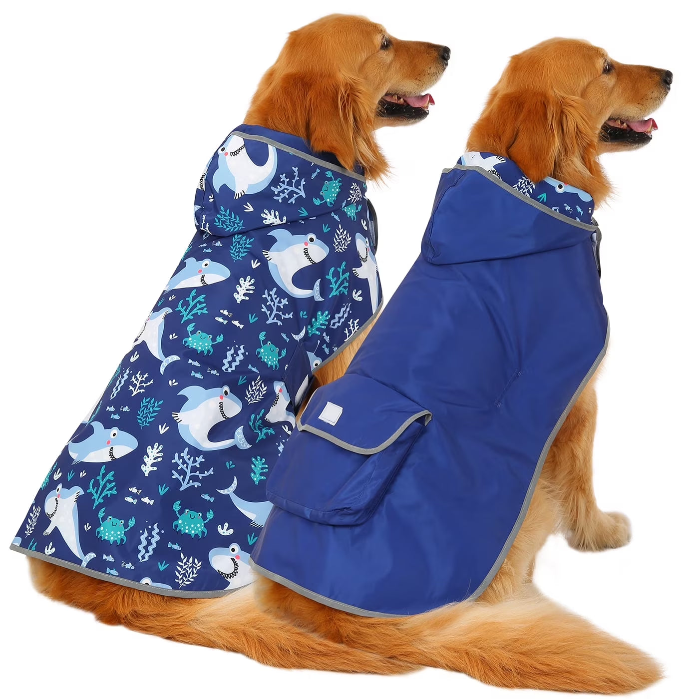 Reversible Dog Raincoat Hooded Slicker Poncho Rain Coat Jacket for Small Medium Large Dogs Sharks XXL