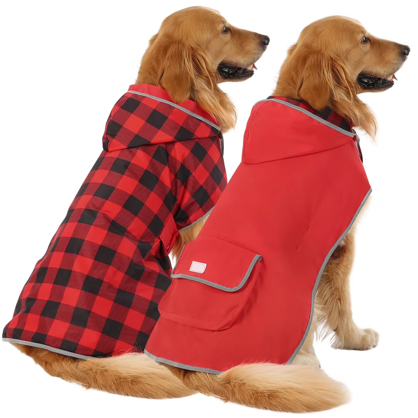 Reversible Dog Raincoat Hooded Slicker Poncho Rain Coat Jacket for Small Medium Large Dogs Buffalo Plaid / Red XL