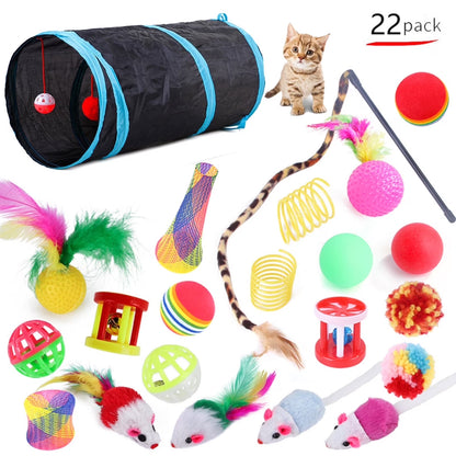 Portable 22-Piece Cat Tunnel & Toy Set with Tunnel & Bell Balls, Blue Leopard