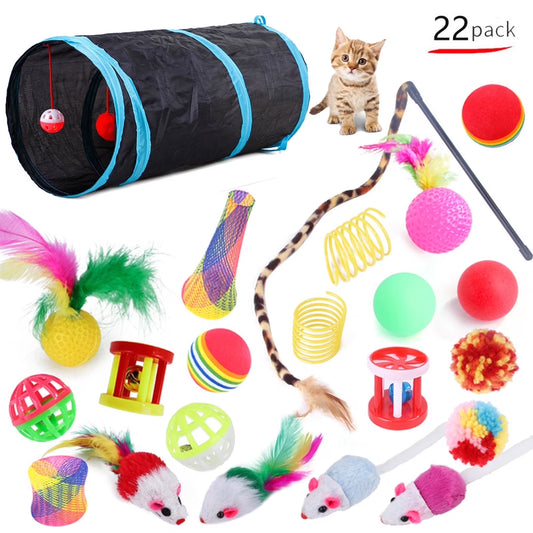 Portable 22-Piece Cat Tunnel & Toy Set with Tunnel & Bell Balls, Blue Leopard