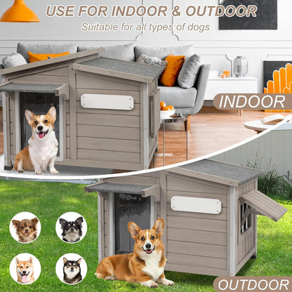 40"L Outdoor Dog House with Asphalt Roof, Window, Raised Feet and PVC Curtain for Medium Dogs, Gray