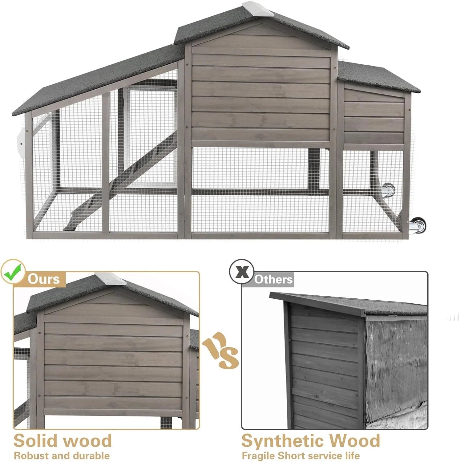 71" L Wooden Chicken Coop for 2-3 Chickens, Chicken Tractor with Nesting Box, Pull-Out Tray, Asphalt Roof, Gray