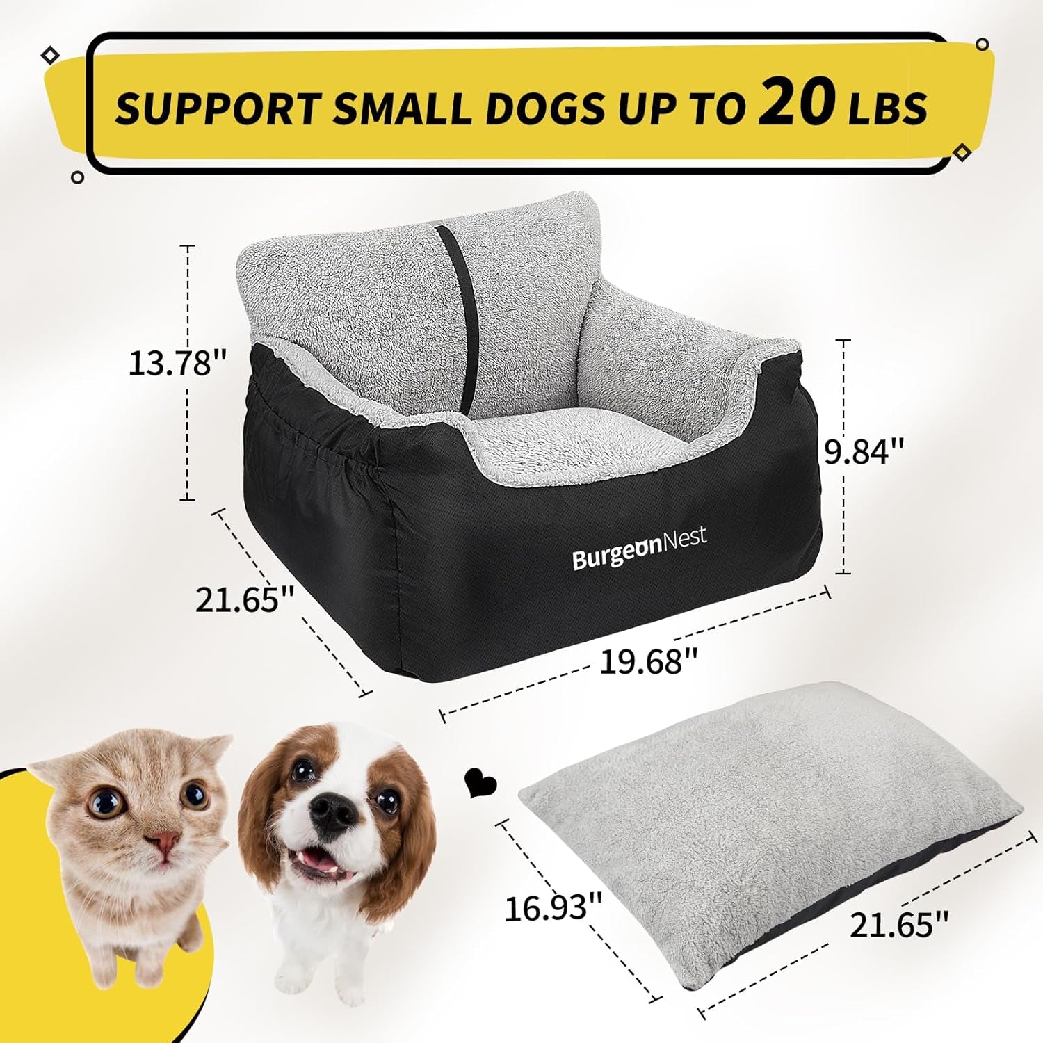 Dog Car Seat for Small Dogs, Soft Pet Car Travel Home Bed under 25 Lbs, Fully Detachable and Washable Cat Booster Carseats with Storage Pockets and Clip-On Leash Portable Carrier,Black