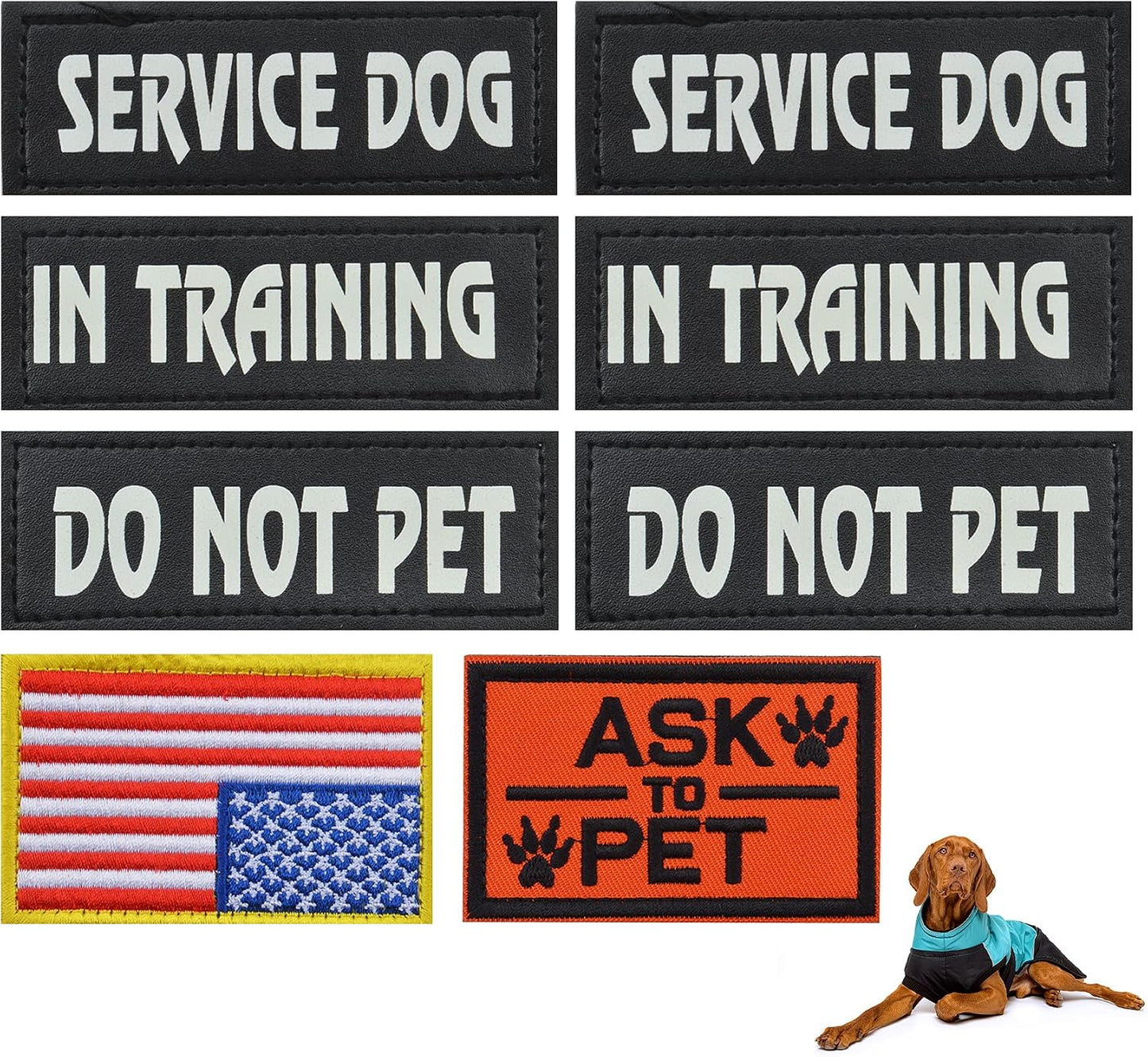 8PCS Service Dog Vest Patch, Reflective Tactical Dog Harness Vest Patches Service Dog in Training Vest Patches Do Not Pet Ask to Pet and American Flag Patches for Dog Vest Harness Collar Leash