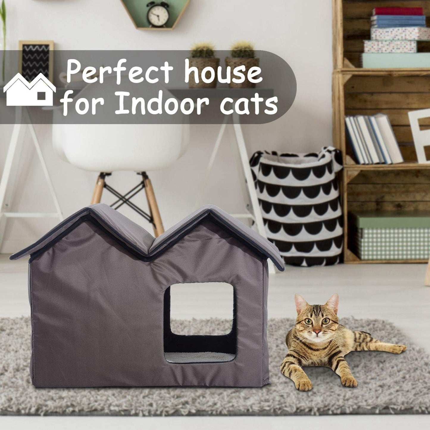 Double Heated Cat House Portable Indoor/Outdoor Kitty Shelter for Ferral Cat in Winter, Brown