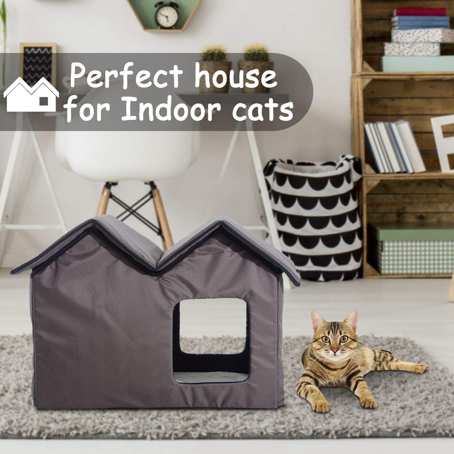 Double Heated Cat House Portable Indoor/Outdoor Kitty Shelter for Ferral Cat in Winter, Brown