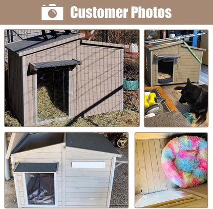 40"L Outdoor Dog House with Asphalt Roof, Window, Raised Feet and PVC Curtain for Medium Dogs, Gray