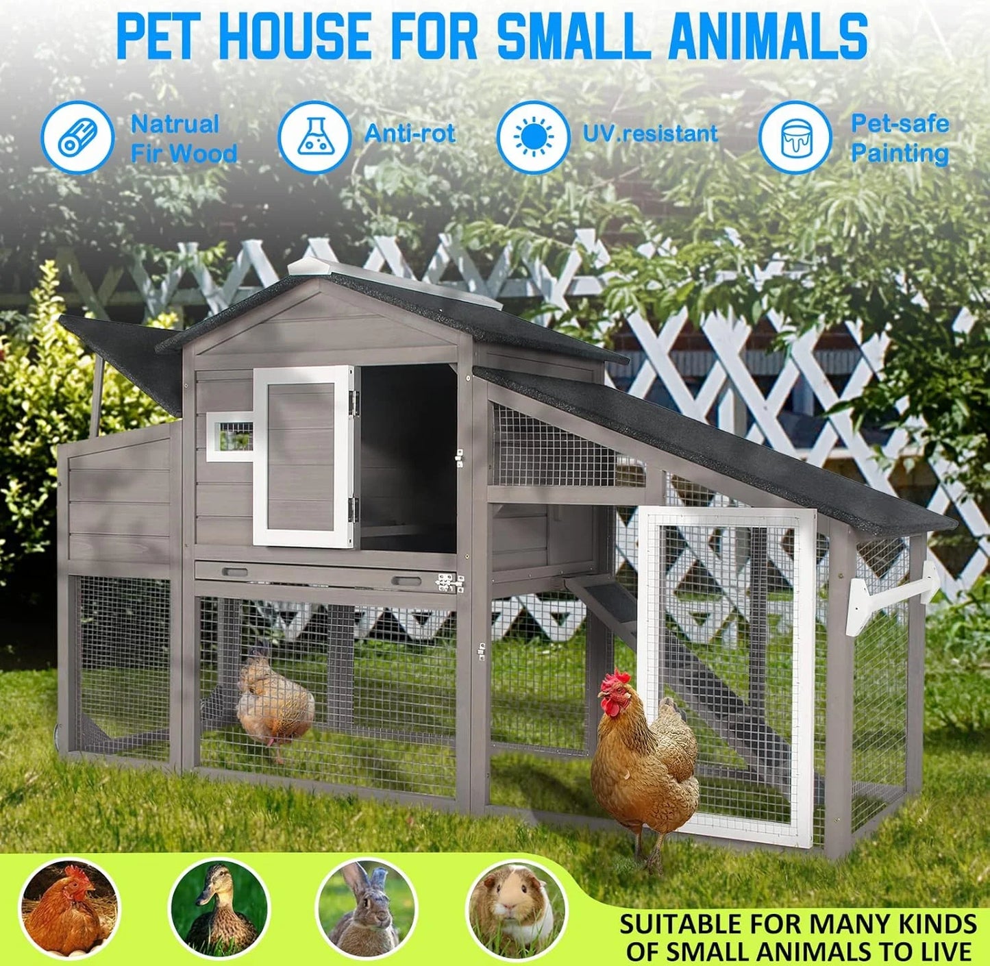 71" L Wooden Chicken Coop for 2-3 Chickens, Chicken Tractor with Nesting Box, Pull-Out Tray, Asphalt Roof, Gray