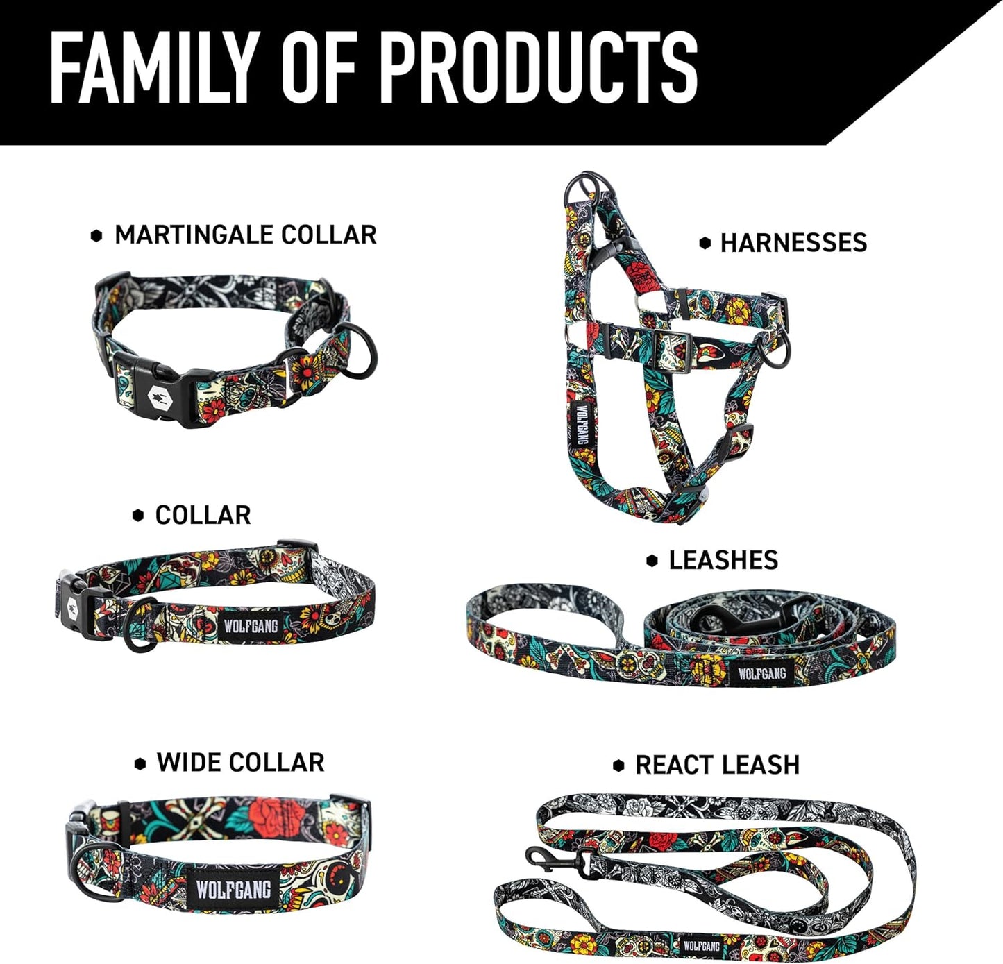 Wolfgang Heavy Duty, Adjustable Dog Collar with Quick Release Nylon Buckle for Walking & Training, Losmuertos Print, Large