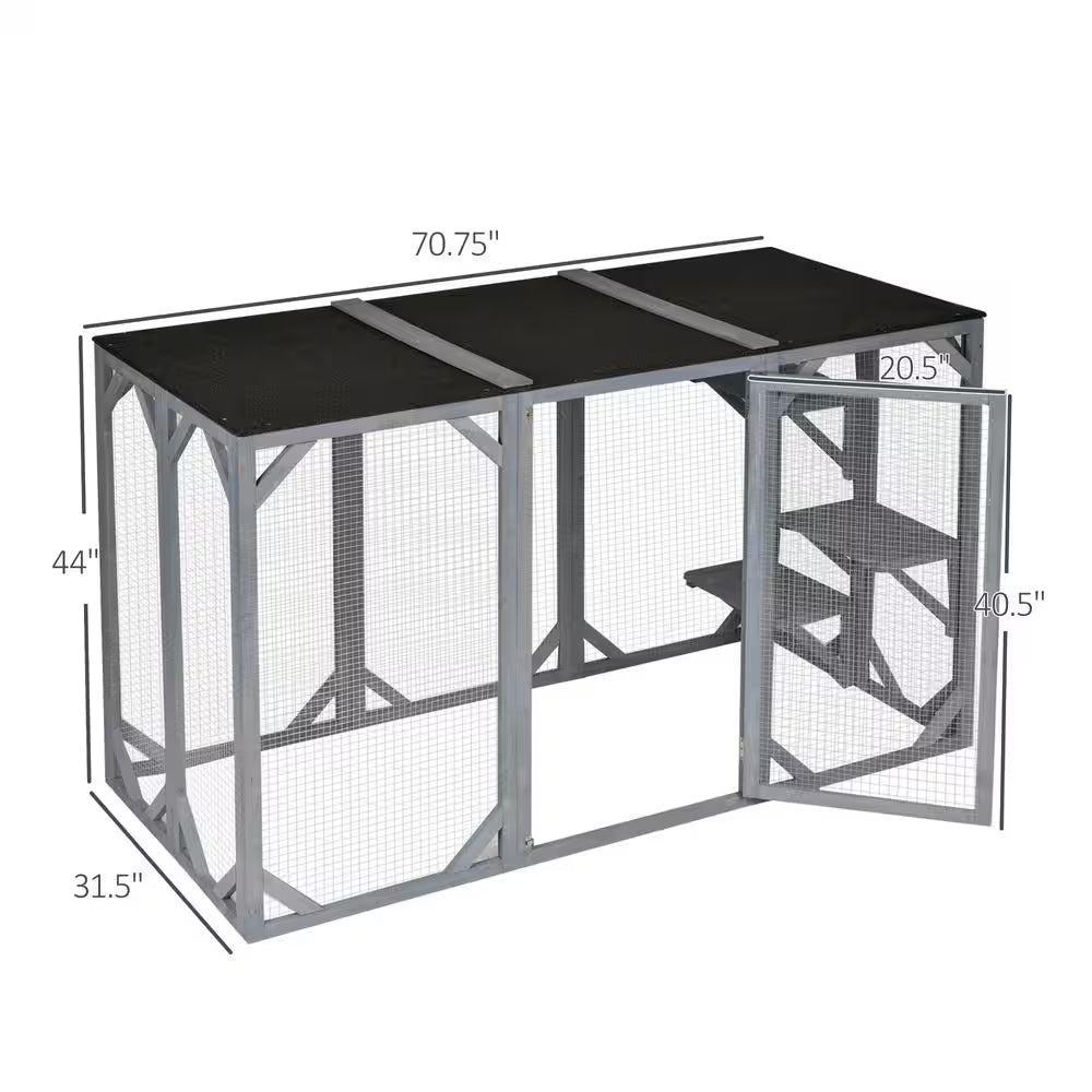71 In. L Grey Wooden Outdoor Cat House with Asphalt Roof, Multi-Level Platforms, and Large Enter Door