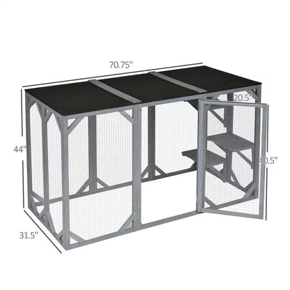 71 In. L Grey Wooden Outdoor Cat House with Asphalt Roof, Multi-Level Platforms, and Large Enter Door