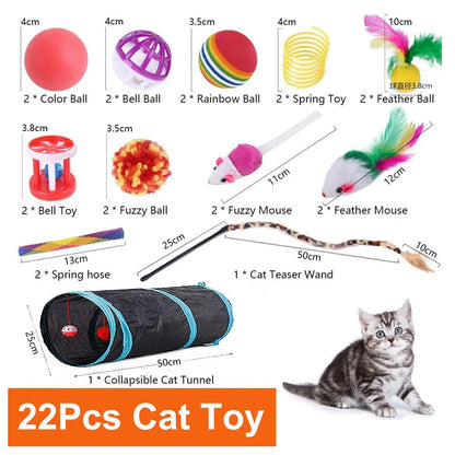 Portable 22-Piece Cat Tunnel & Toy Set with Tunnel & Bell Balls, Blue Leopard