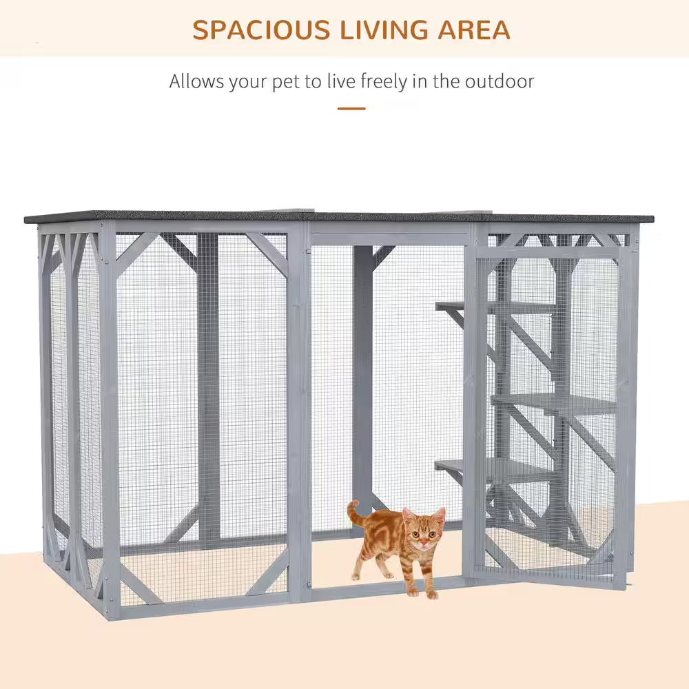 71 In. L Grey Wooden Outdoor Cat House with Asphalt Roof, Multi-Level Platforms, and Large Enter Door