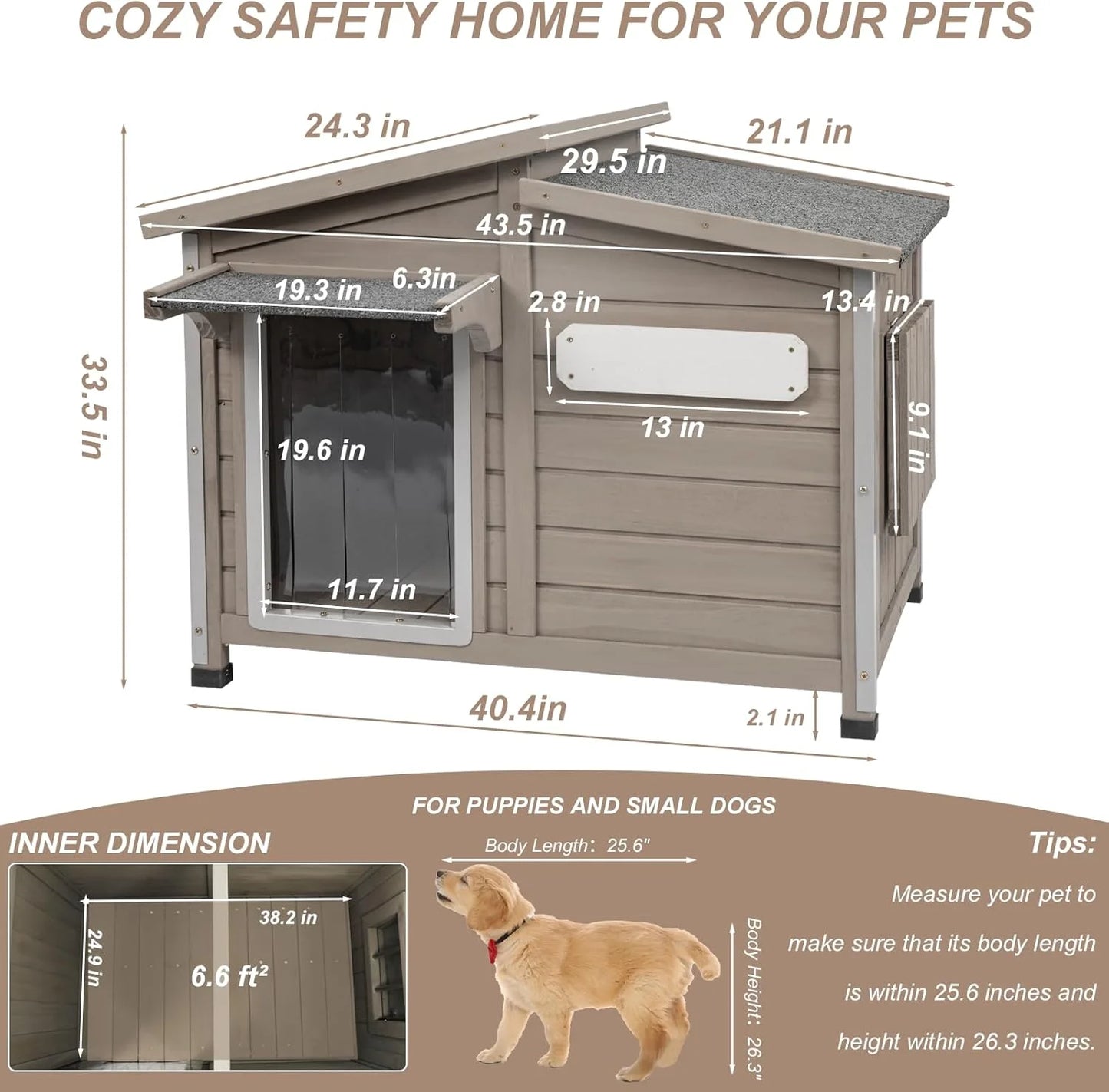 40"L Outdoor Dog House with Asphalt Roof, Window, Raised Feet and PVC Curtain for Medium Dogs, Gray
